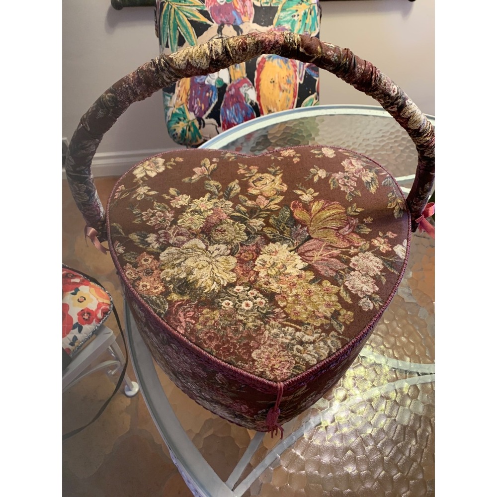Vintage Heart Shaped Sewing Basket Box Floral WITH TRAY LARGE